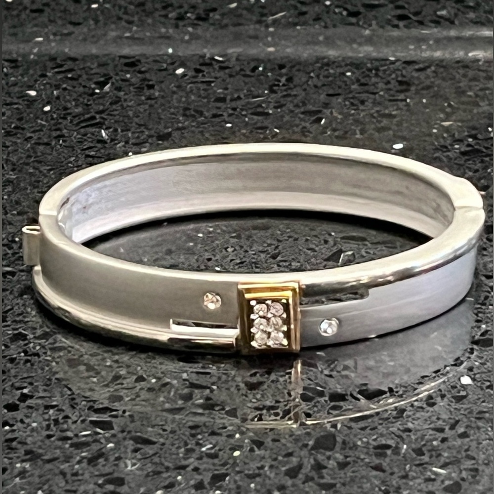 Brushed polished gold silver crystal cz bangle ladies statement jewelry bracelet - Picture 2 of 2